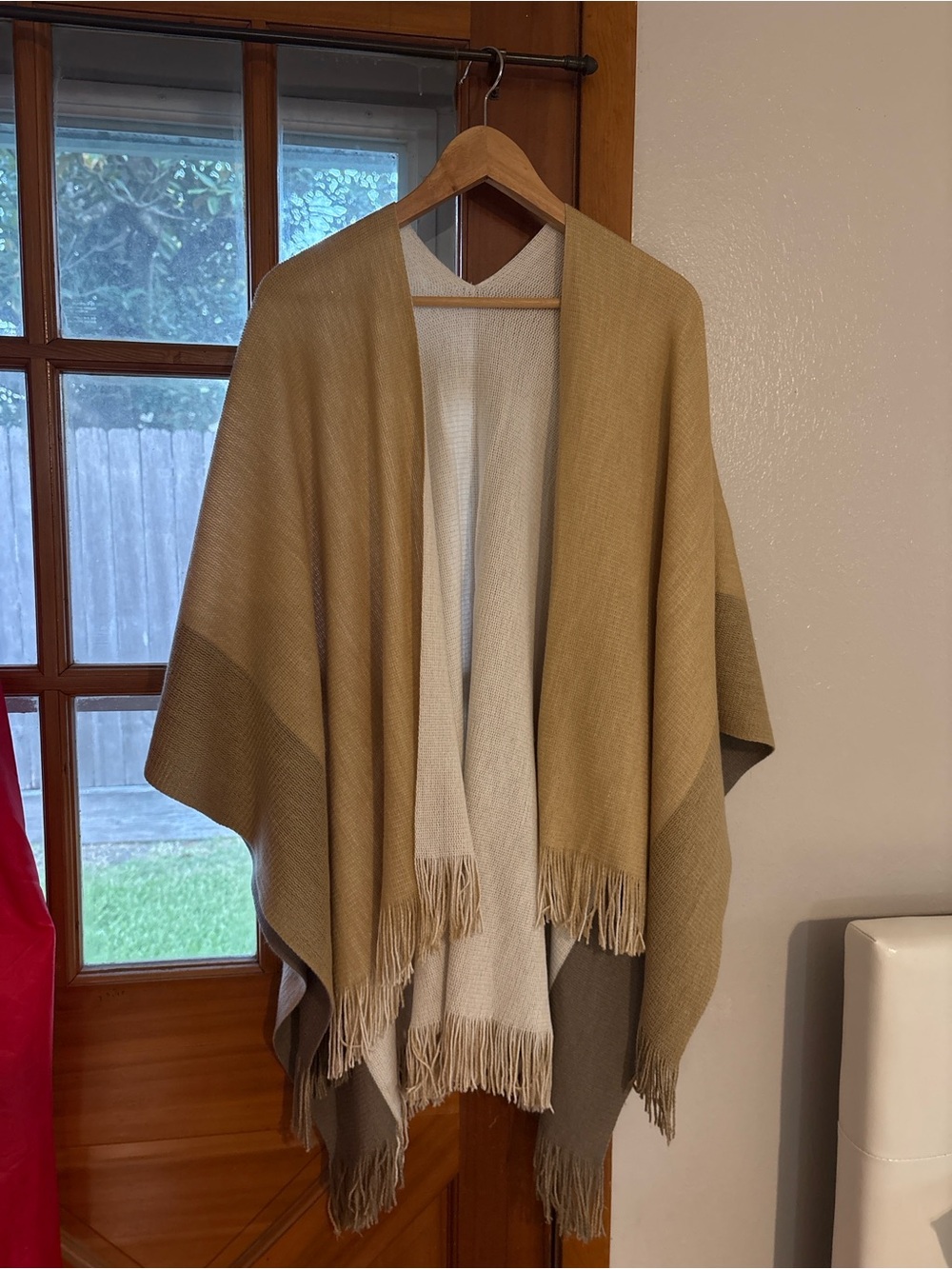 Taupe Cream Earthy Draped Fringe Boho Chic Rustic Fall Southwestern Poncho